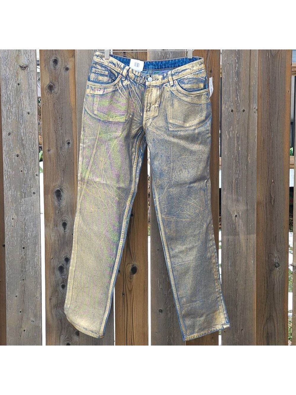 MONKL Gold Wash Denim Jeans Size 29 BNWT Metallic Jeans Distressed Organic Cotto